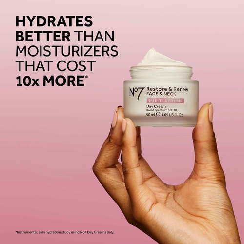 No7 Restore & Renew Face & Neck Multi Action Skincare System - SPF 30 Day Cream with Vitamin C & Collagen Peptides + anti-Aging Facial Serum + Hyaluronic Acid Hydrating Night Cream (3 Piece Kit)
