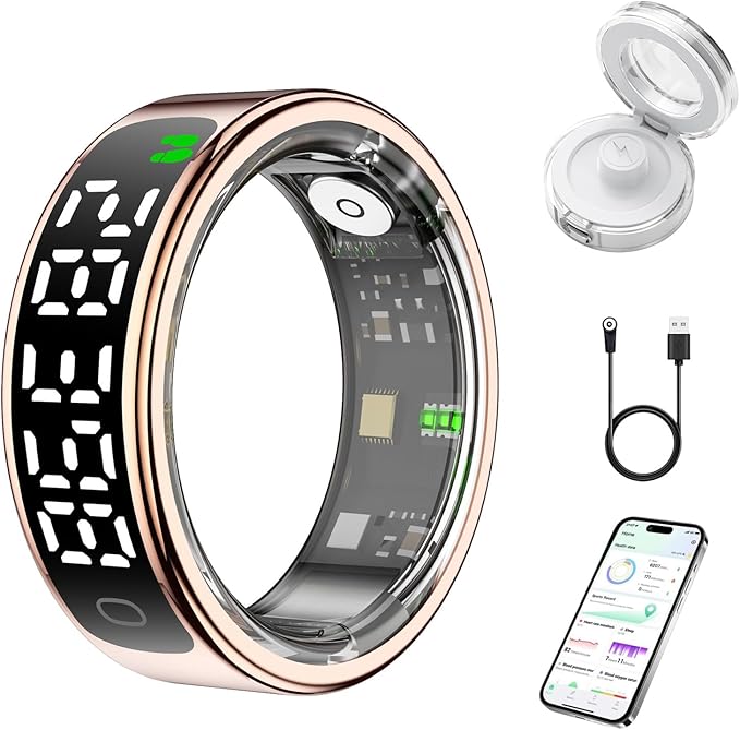 Smart Health Ring for Women Men, Smart Ring Fitness Tracker for iOS Android, Heart Rate, Blood Oxygen, Blood Pressure, Sleep Monitoring,5ATM Waterproof, No Subscription Fee (Gold, 12#)