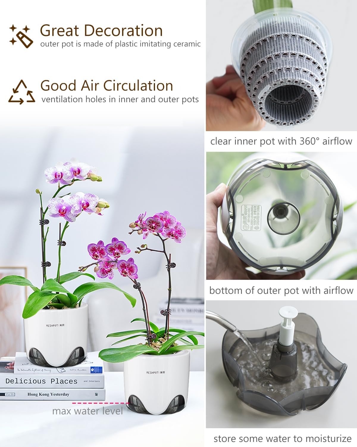 5 inch Orchid Pots with Holes for Repotting with Excellent Airflow, Set of 2, Double Layer Plastic Imitate Ceramic Orchid Planter, Clear Orchid Pot Match Decorative Orchid Container