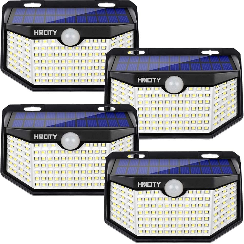 HMCITY Solar Lights Outdoor 120 LED with Reflector and 3 Lighting Modes,Motion Sensor Wall Lights, IP65 Waterproof Solar Powered Wall Lights for Garden Deck Lights (Back Button 4Packs, Daylight White)
