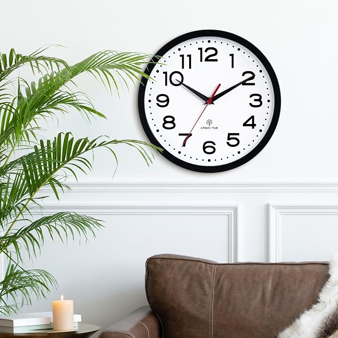 Roymnie Atomic Wall Clock 10 Inch, Modern Clock Battery Operated Classic Analog Decorative for Kitchen, Living Room, Office, Bedroom, Bathroom (Black)