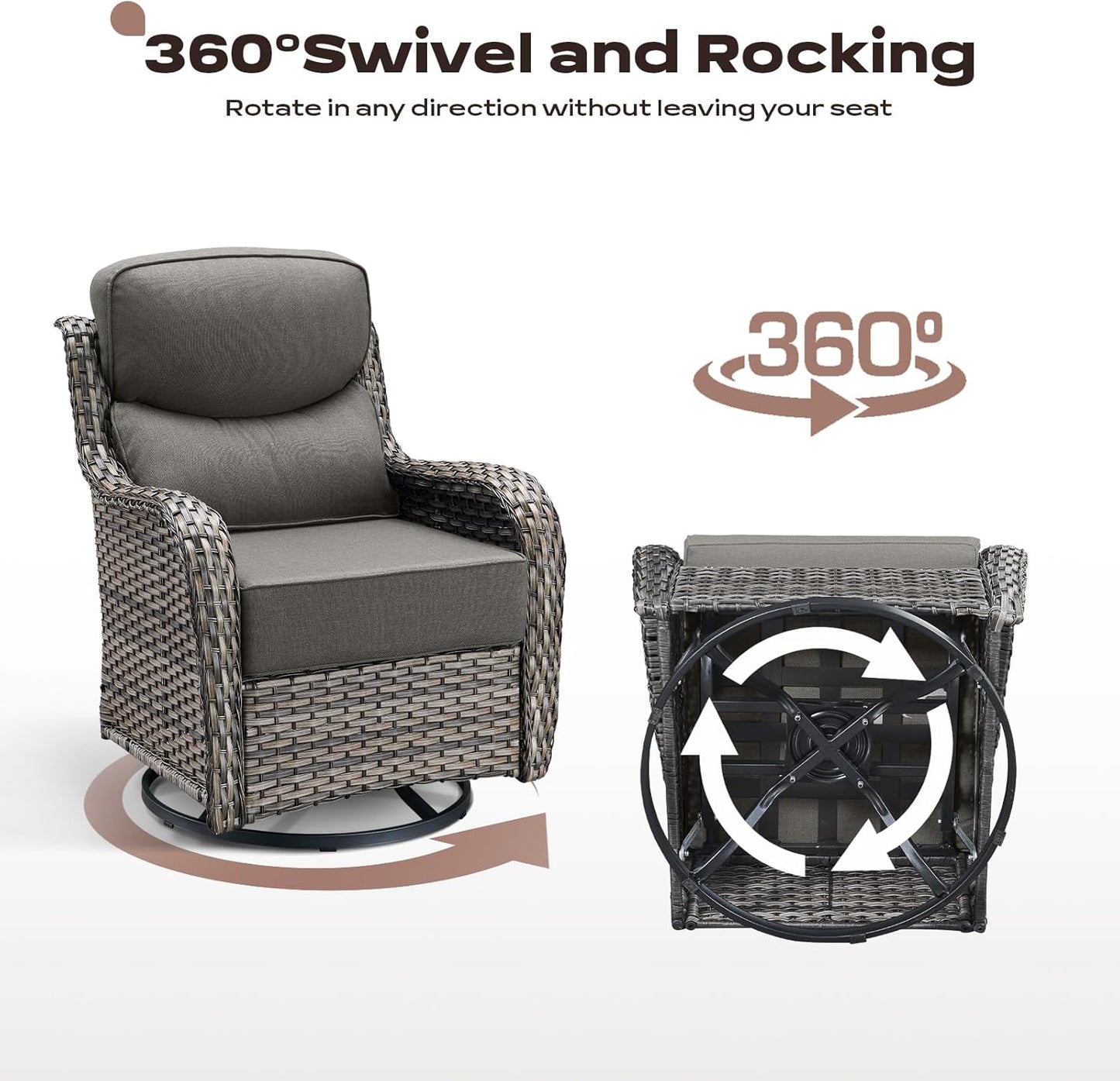 Wicker Outdoor Patio Furniture Set - 5 Piece Patio Conversation Sets with Swivel Rocker Chairs, Ottomans and Side Table, 6 inch Cushions, Waterproof Wicker, for Porch Deck Mixed Grey/Grey