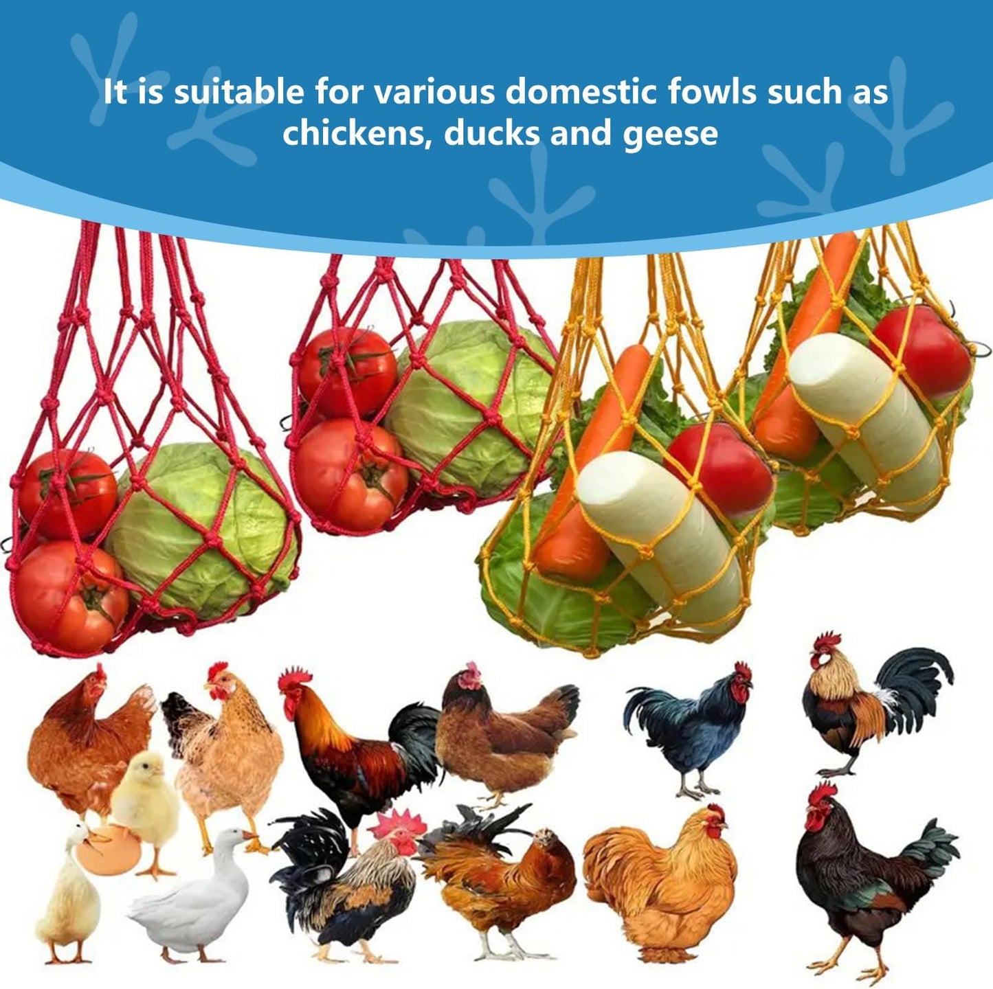 Chicken Vegetable String Bag ，Chicken Vegetable Hanging Feeder, Chicken Toy Vegetable Rack in Chicken Cage, Poultry Fruit Rack, Chicken Cabbage Feeder with Hook 4 Sets