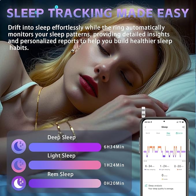 Fitness Tracker Ring for Women – Smart Ring with Heart Rate, SpO2, Blood Pressure, Sleep Monitoring, Step & Calorie Counter, 5ATM Waterproof, No Subscription Fee (Silver, 8)