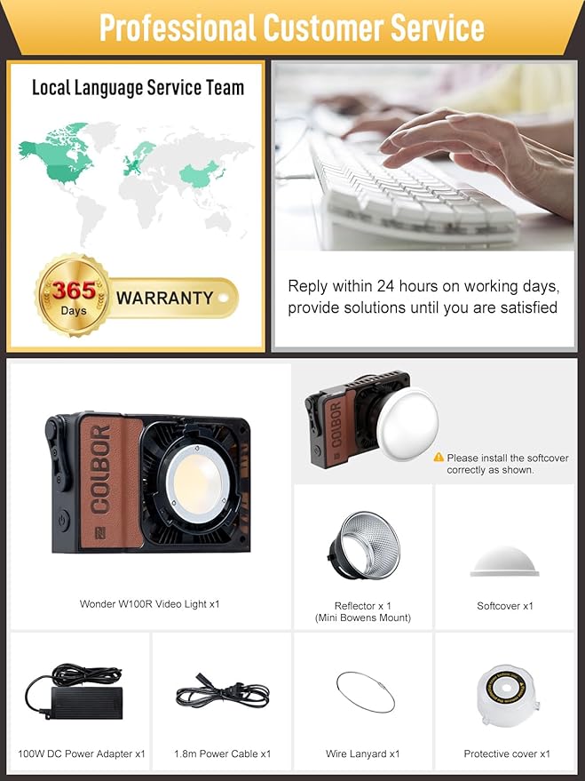 Video Light, COLBOR W100R RGB COB Continuous Output Lighting 100W 2700-6500K Full Color LED Studio Light CRI97+ TLCI98+ with APP Control for Photography