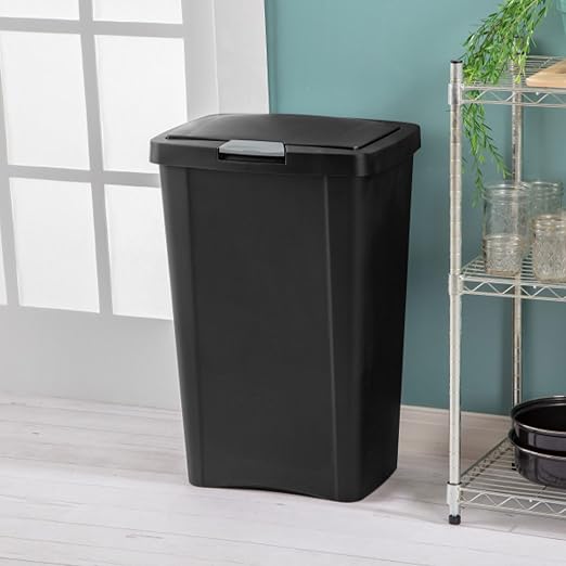 Sterilite 13 Gallon TouchTop Narrow Plastic Wastebasket with Secure Titanium Latch for Kitchen, Bathroom, and Office Use, Black (16 Pack)