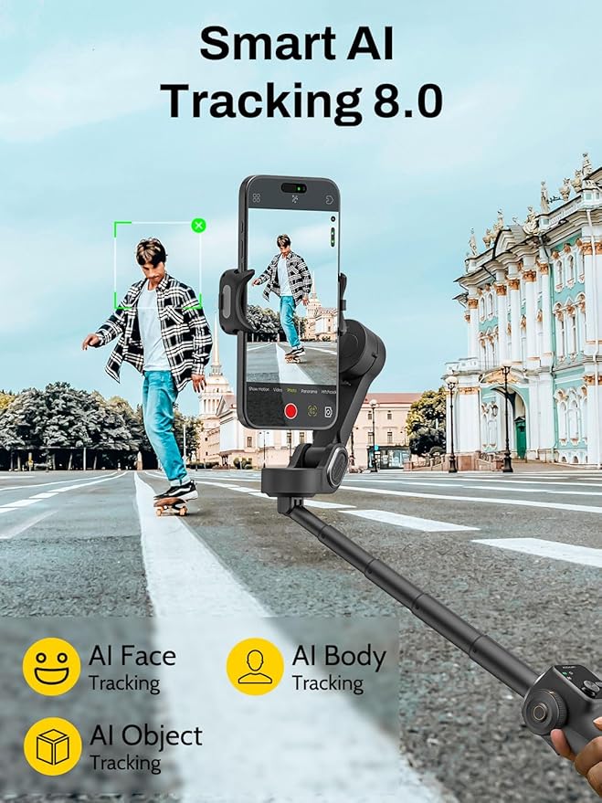 AOCHUAN Smart V8 3-Axis Gimbal Stabilizer for iPhone, Smartphone Gimbal w/7.8" Extension Rod, OLED Display, Phone Stabilizer w/Face Tracking, Portable Hard Case for Camera, EVA Bag V8& B30