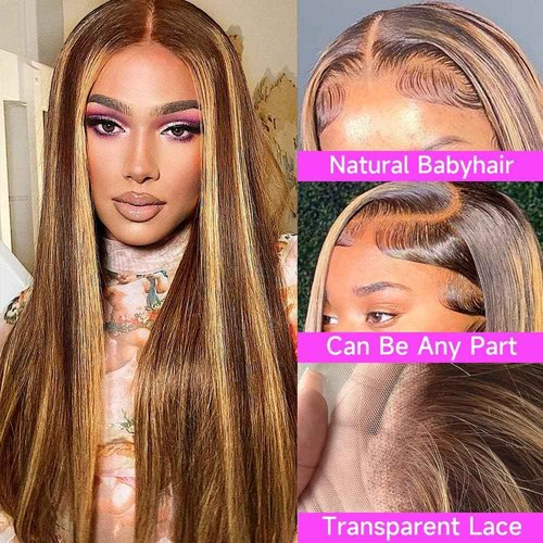 Habiliana Human Hair Wig 200% Density HD Straight Wave Wigs Human Hair Real Full Large Lace 4x4 Highlight P4/27 Weave Wigs Pre Plucked for Black Women