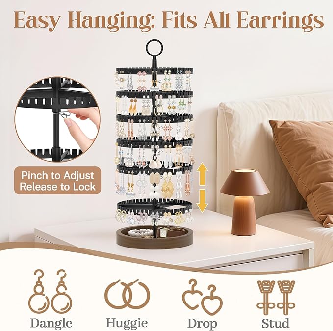 iDavosic.ly 6 Tier Rotating Earring Holder Organizer with Wooden Tray, Large Dangle Display Stands Tree with 342 Plastic Grooves, Adjustable Hoop Storage Rack, Space Saving Tower, Black & Brown
