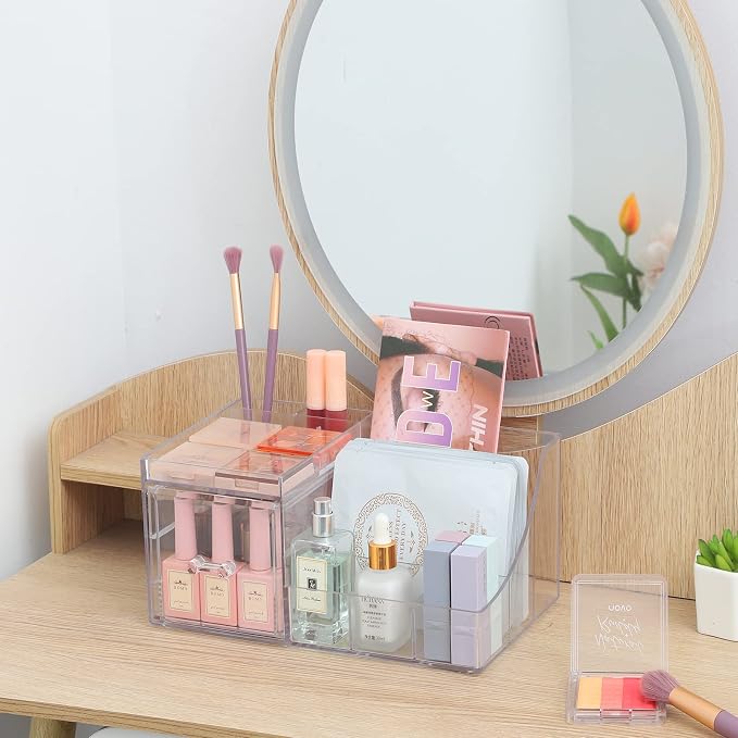 Cq acrylic1 Pack Clear Makeup Organizer Countertop,Stackable 1 Drawers Skincare Organizer,Cute Skin Care Organizer for Vanity Hair Clip,Jewelry,Beauty Product Desk and Make Up Organizers for Vanity