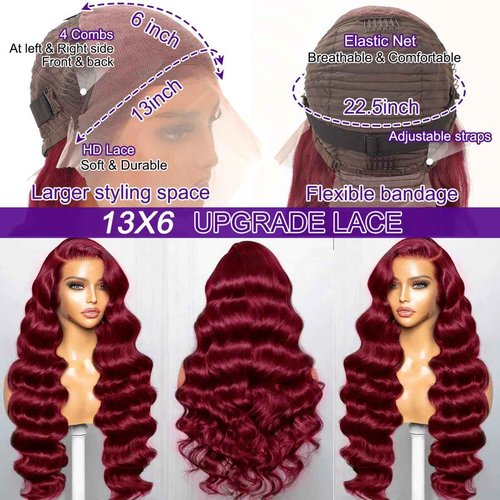 Diwionte 99J Burgundy Lace Front Wigs Human Hair Body Wave 13x6 HD Transparent Lace Front Wigs Human Hair Pre Plucked with Baby 99j Red Wine Glueless Human Hair Wigs for Women 26 Inch