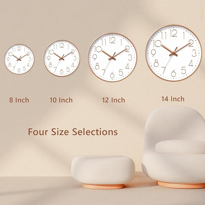 DAXSMY Wall Clock - 12 Inch Silent Non-Ticking Modern 3D Wall Clocks Battery Operated - Decorative Clock for Kitchen, Home Office, Bathroom, Bedroom, Living Room(Rose Gold)
