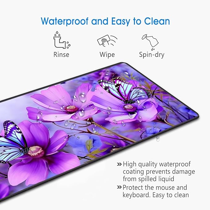 Desk Pad Mat Gaming Mouse Pads with Coasters,Stitched Edges Design Mouse Pad XXL Large Mouse Pad for Laptop Computers Purple Flowers and Butterflies Desk Writing Mat for Office & Home