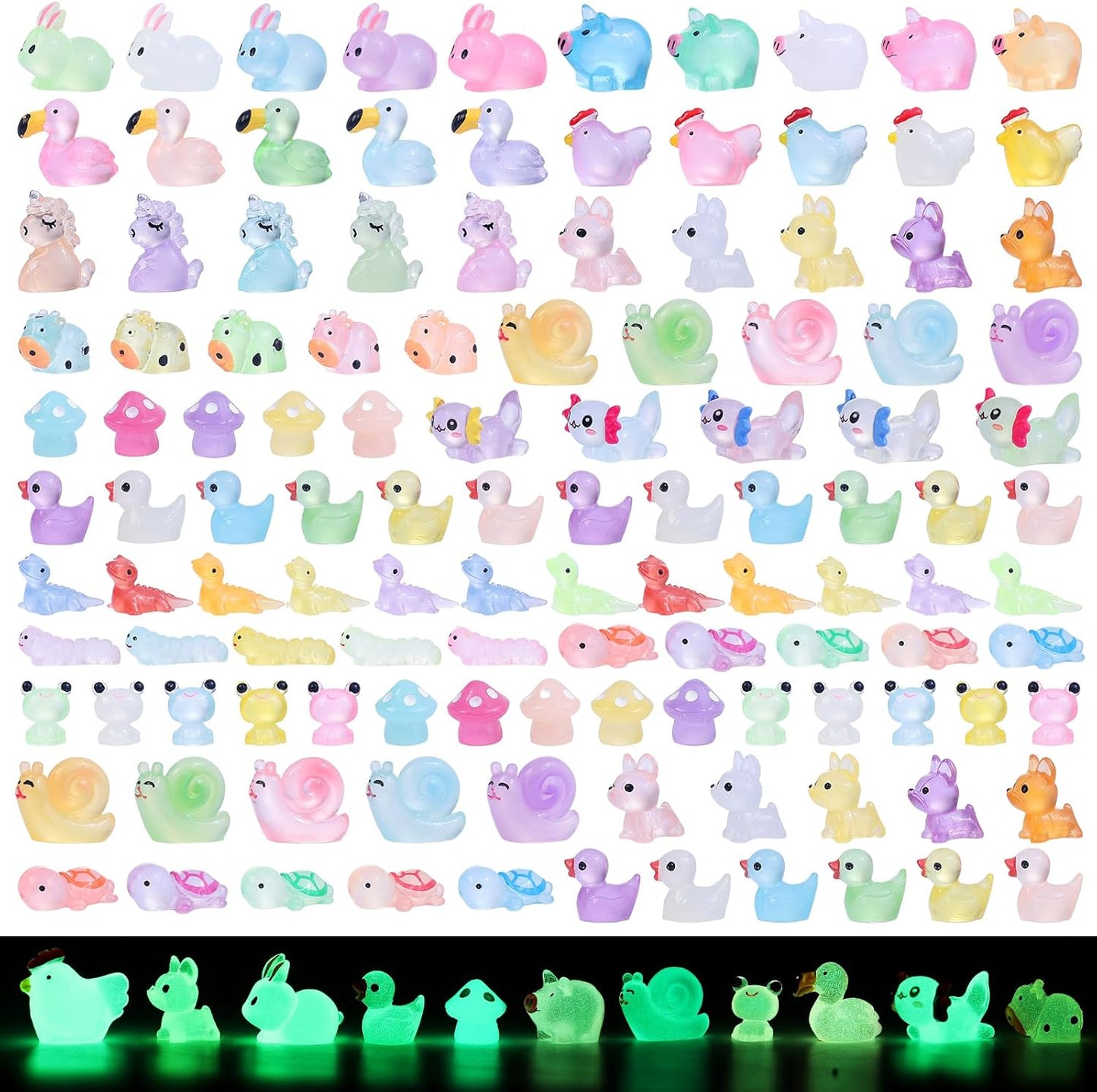 Luminous mini Resin Animals to Hide 120 Pcs Tiny Resin Animals Glow in The Dark for Miniature Fairy Garden Decoration Accessories Micro Landscape Aquarium Potted Decoration