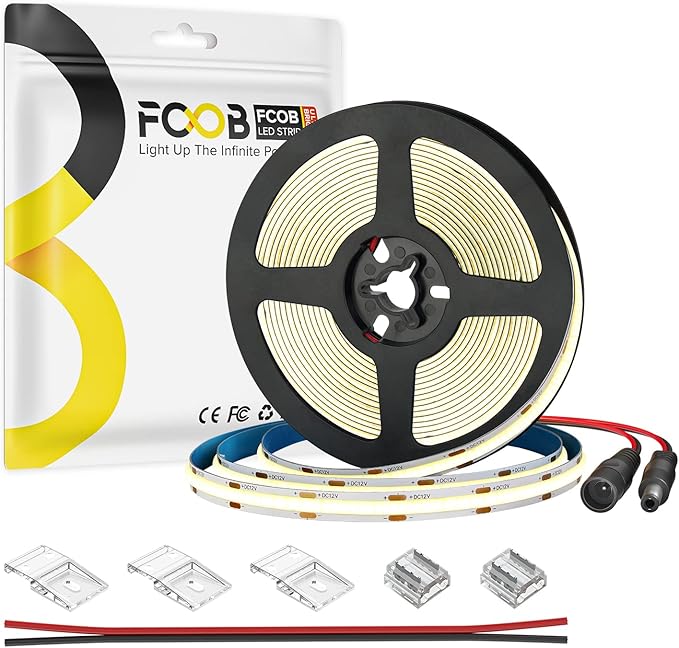 16.4FT COB LED Strip DC24V Warm White Flexible High Density Uniform Bright Light Strip, 480LEDs/m CRI90+ Dimmable 3000K LED Light for DIY Kitchen Bedroom Home Decor, No Power and Controller