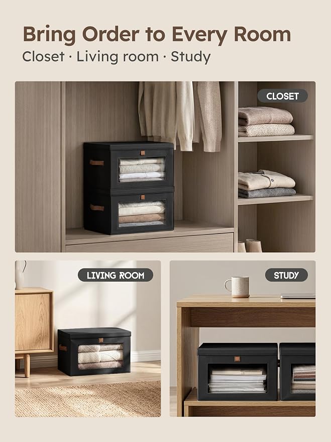 Homsorout Medium Fabric Storage Bins - Closet Shelf Organizer with Open Window, 4 Pack Closet Baskets for Shelves, Stackable Decorative Boxes for Home, Dorm, Black, 13.7" x 9.8” x 9.8"