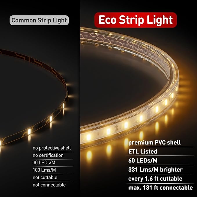 Shine Decor LED Strip Light Easy Connectable, 2800K Warm White Cold Resist Weatherproof Plug-in for Indoor Outdoor, 101 LM/FT Dimmable Bright Eco Rope Lighting 131FT, 120V Whole Set ETL Listed