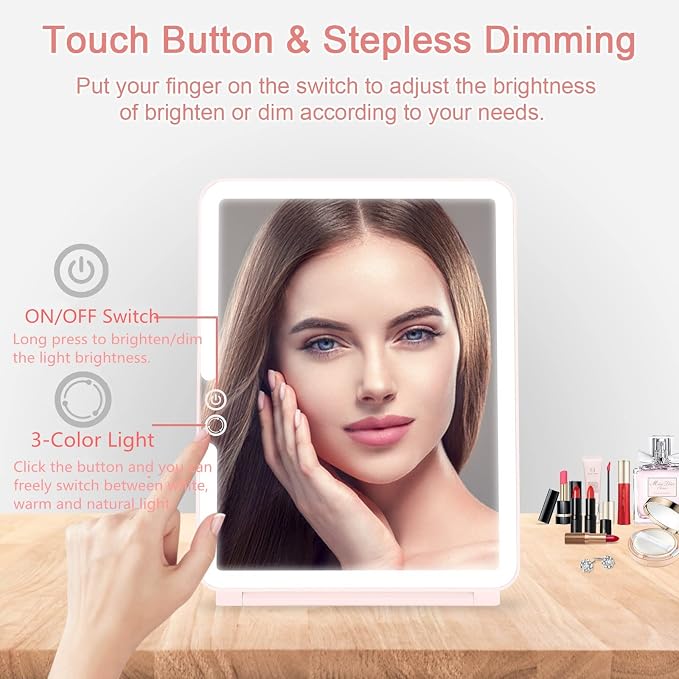deweisn Folding Travel Mirror Lighted Makeup Mirror with 72 LEDs 3 Colors Light Modes, USB Rechargable, Portable, Ultra Thin, CompactVanity Mirror with Touch Screen Dimming for Cosmetic (Pink)