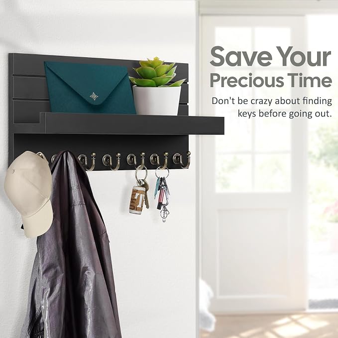 HONJIN Key Holder for Wall: Upgraded 7 Sturdy Key Hooks Easy Installation Mail Organizer Wall Mount Hanging Key Rack for Kitchen and Entryway Decor