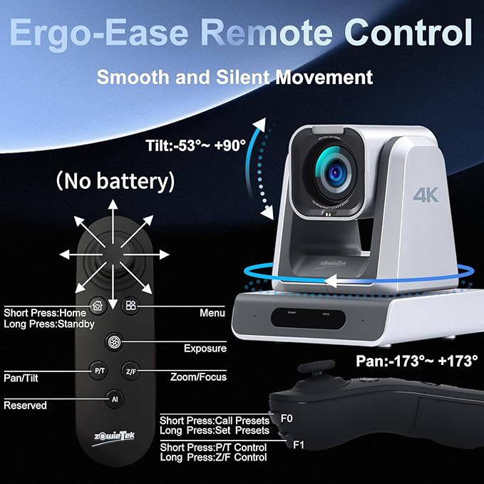 zowietek 4K PTZ Camera(Native NDI|HX3), ZowiePTZ, Ergo-Ease Remote Control, ZowieX APP Manager, 18X Optical+12X Digital Zoom, SDI/HDMI/USB, RTSP/RTMP(s)/SRT Stream, Meeting, Church, Event, Teaching