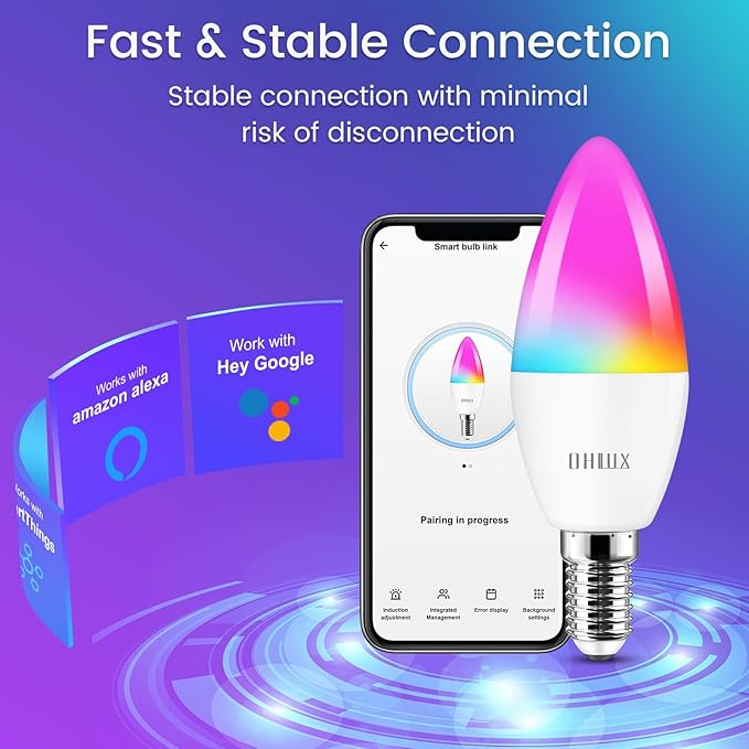 OHLUX E12 Led Bulb, Smart Candelabra Led Light Bulbs 4W 40 Watt Equivalent Work with Google/Alexa, Alexa WiFi Lights Bulbs RGBCW 16 Million Colors, 2.4GHz WiFi Only, No Hub Required, 2 Pack