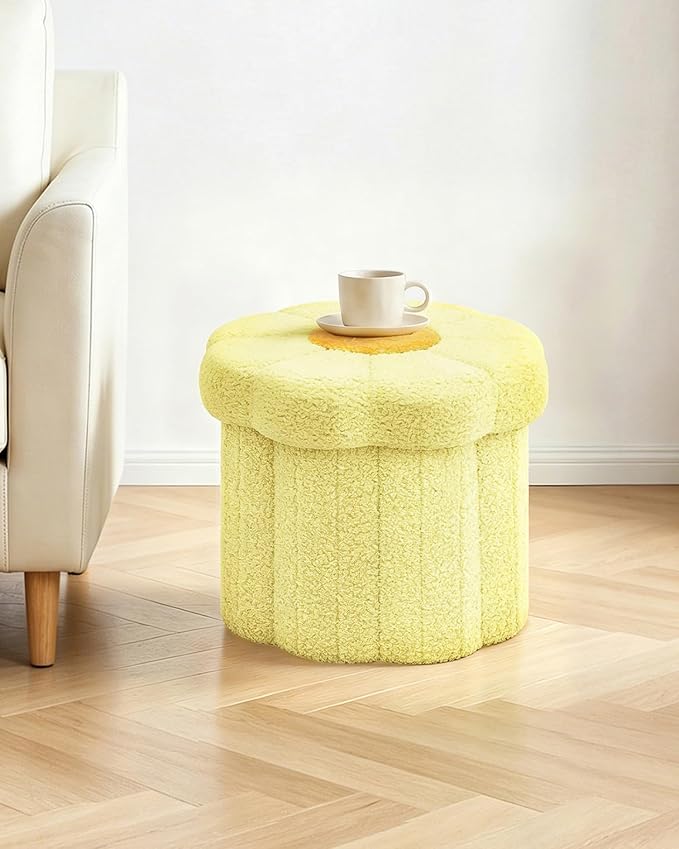 B FSOBEIIALEO Storage Ottoman Foldable, Sunflower Shaped Small Footrest Collapsible Folding Seat Bench for Bedroom Living Room Entryway, Faux Teddy Fur, Yellow 12.6"x12.6"x11.4"