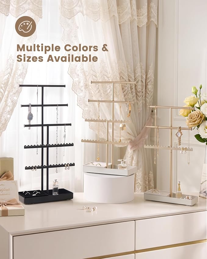 Lolalet 4-Tier Jewelry Organizer Stand, Metal Jewellery Holder, Dresser Display Rack for Necklace Earring Bracelets Rings, Gift for Women Girls -Black