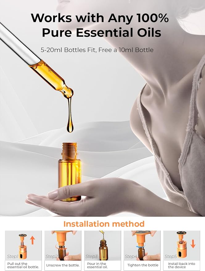 Waterless Essential Oil Diffuser: 𝟗 𝐂𝐨𝐥𝐨𝐫𝐬 𝐋𝐄𝐃 Scent Diffuser for Home&Car&Office - Portable Diffuser with 48H Battery, 4 Timers & 3 Mist Levels, Bright Orange