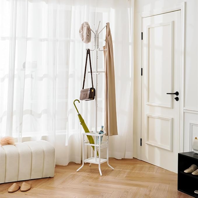 Yoobure Coat Rack Freestanding - Coat Tree with Umbrella Holder, Metal Coat Rack Stand with 12 Hooks, Modern Coat Hanger Stand for Entryway, Purse Rack Hat Rack Stand for Living Room Bedroom Office