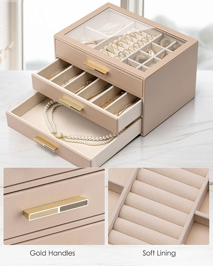 VLANDO Jewelry Box for Women, 3-Layer Jewelry Organizer with Drawers, Glass Lid Display Jewelry Storage, Soft PU Leather Exterior, Contrast Gold Metal Handles, Refined Style – Toffee