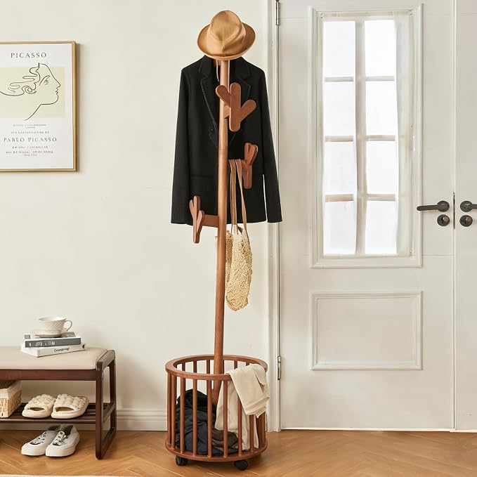 Wooden Coat Rack with Storage Basket & 12 Hooks - Freestanding Heavy Duty Rolling Coat Tree Stand with Wheels, Hat Hanger for Entryway, Hallway, Bedroom, Living Room Corner (Walnut)