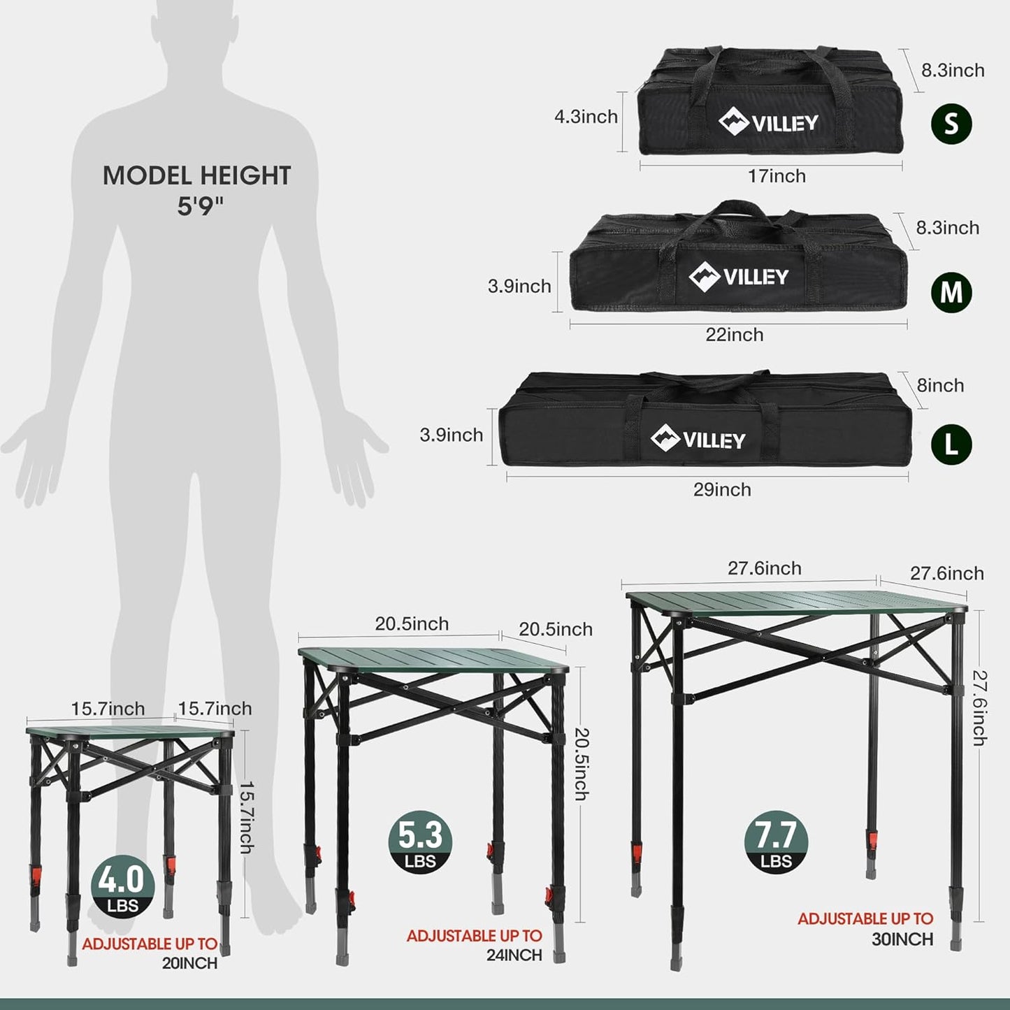 VILLEY Folding Camping Square Table with Carry Bag, Lightweight Aluminum Adjustable Square Table for Outdoor, Camping, Picnic, Backyards, BBQ (M)