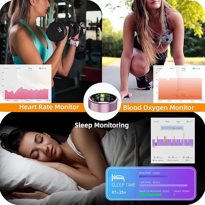 Smart Ring for Women Men, Health Tracker with Heart Rate/Blood Oxygen/Blood Pressure/Sleep Monitoring/Step Counting, IP68 Waterproof Fitness Ring, No App Fees for iPhone & Android (Gold, 9#)