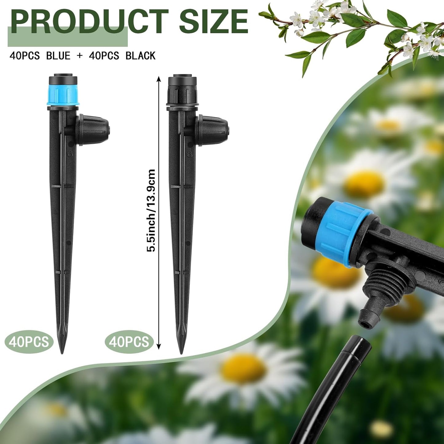 80 Pcs Drip Irrigation Emitters with Adjustable 360 Degree Water Flow Drippers for 1/4 Tubing Sprayer on 5.5 Arrow Stake for Garden System(Blue, Black,Lock Barbed)
