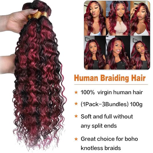 Fabimiya 22 24 26 inch Burgundy P1B/99J Deep Wave Human Hair Bundles Wine Red Human Hair Bundles Unprocessed Burgundy Soft Sewn In Hair with Double Weft for Black Women