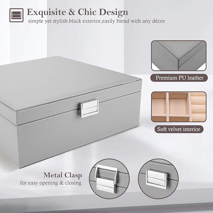 ProCase Jewelry Box for Women, 2 Layers Large Leather Jewelry Organizer Storage Case with Removable Pad for Earrings -Grey