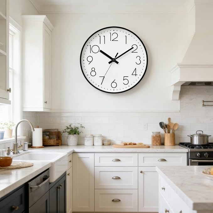 DAXSMY Wall Clock - 10 Inch Silent Non-Ticking Modern 3D Wall Clocks Battery Operated - Decorative Clock for Kitchen, Home Office, Bathroom, Bedroom(White)