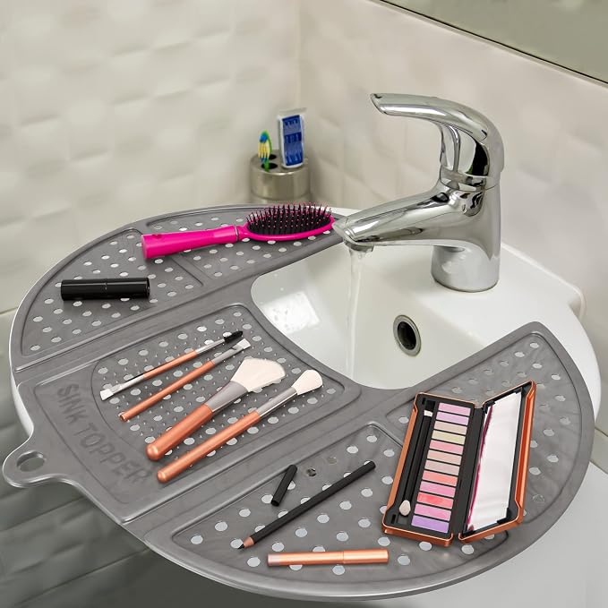 Sink Topper Bathroom Counter Cover & Storage Saver, Foldable Silicone Mat for Hot Tools, Hair Styling & Makeup, Beauty Brush Cleaning Mat, RV Camper Sink Cover & for Small Spaces (Standard Silver)