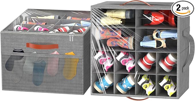 Aokeyee 2 Pack Shoe Organizer for Closet, Foldable Shoe Storage Organizer Box w/Clear Cover and 4 Reinforced Handles, Space Saving Shoes Bin Fits up to 32 Pairs, Grey