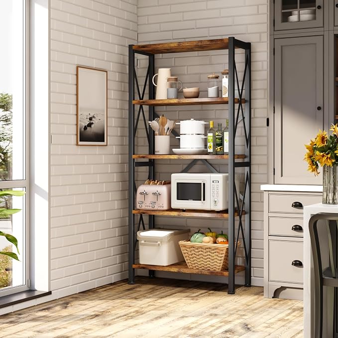 Homeiju 5-Tier Bookshelf,Wood Bookcase,Book Shelf with Steel Frame, Storage Rack with Open Shelves, Rustic Standing Bookshelves Ladder Shelf 110lbs/shelf for Bedroom,Living Room and Home Office