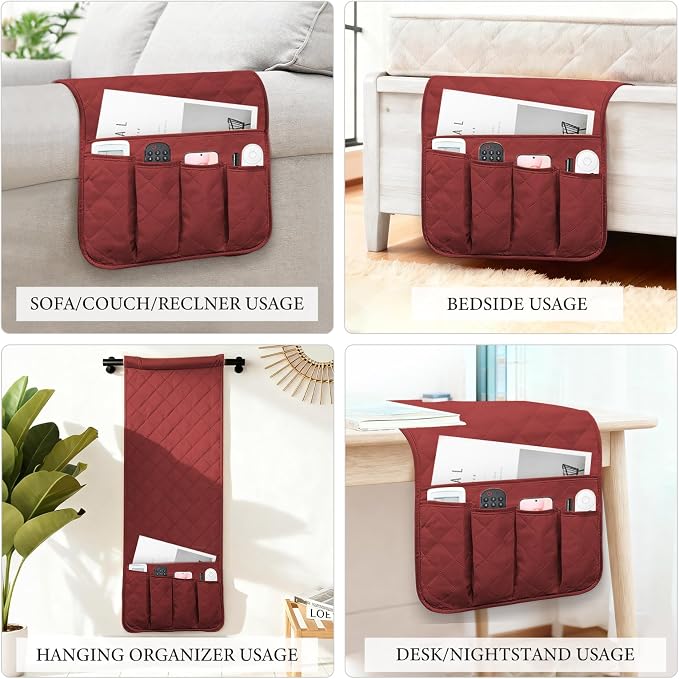 Armchair Caddy for Recliner, Couch Caddy Storage Organizer with 5 Pockets, Non Slip Sofa Arm Organizer for Remote Controls, Phone, Magazines, Tablet (Red)