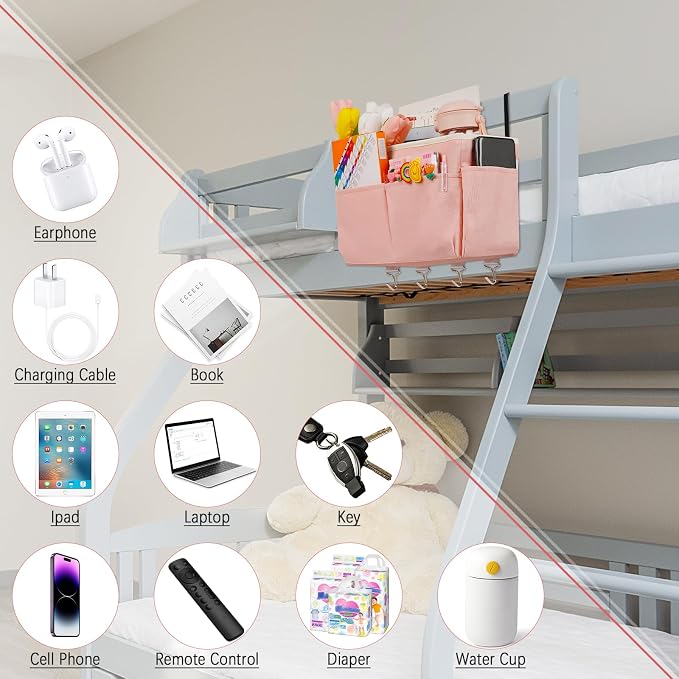 Bedside Storage Organizer 5 Pockets with 4 Hooks Hanging Storage Bag for Headboards/Bunk Bed (2Pack Pink)