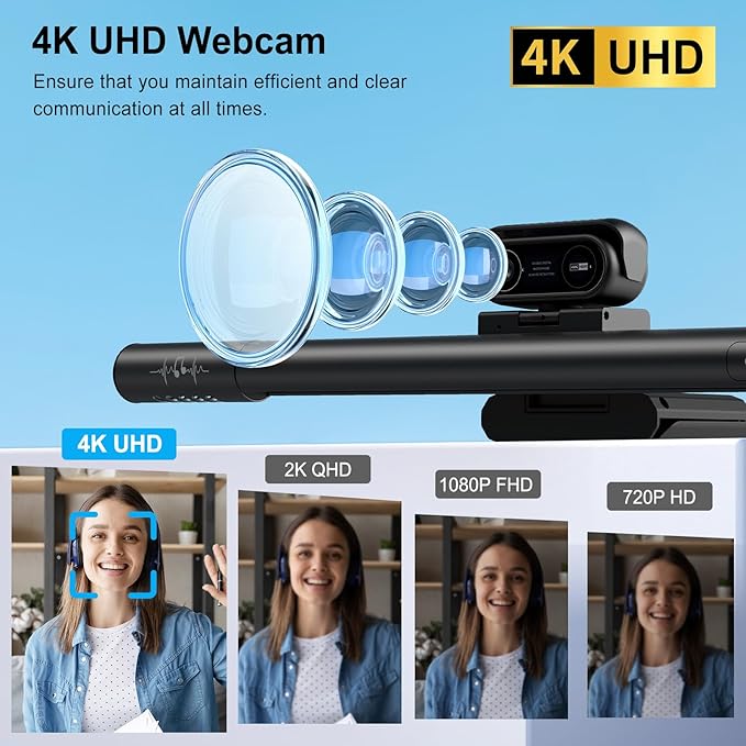 4K Webcam for PC with Microphone&Light,4-in-1 Web Cam with Speaker,Dual Noise-Canceling Mics, Privacy Shutter Computer Camera HDR Auto Light Correction USB Plug-and-Play for Zoom, Teams, Twitch