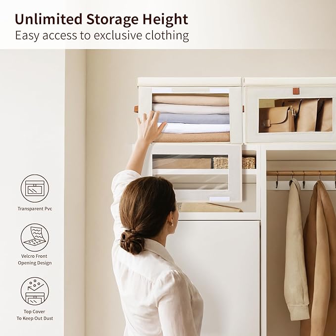 Homsorout Medium Fabric Storage bins - Collapsible Storage Bins with Open Window, 4 Pack Closet Baskets for Shelves, Stackable Decorative Boxes for Home, Dorm, Beige, 13.7"x 9.8" x 9.8"