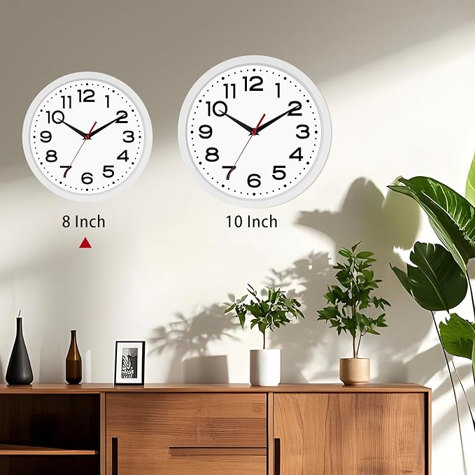 Wall Clock Silent Non-Ticking Modern Clock Battery Operated 8 Inch Small Classic Analog Decorative for Kitchen, Living Room, Office, Bedroom, Bathroom (White)