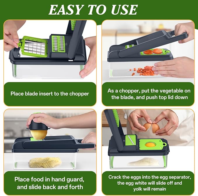 HomeHacks Vegetable Chopper Vegetable Cutter, 12 in 1 Kitchen Gadget, Dicer, Slicer, Onion Cutter, Salad, Cheese Grater & Egg Separator - Multi-Functional Veggie Chopper Lid with Handle (Green)