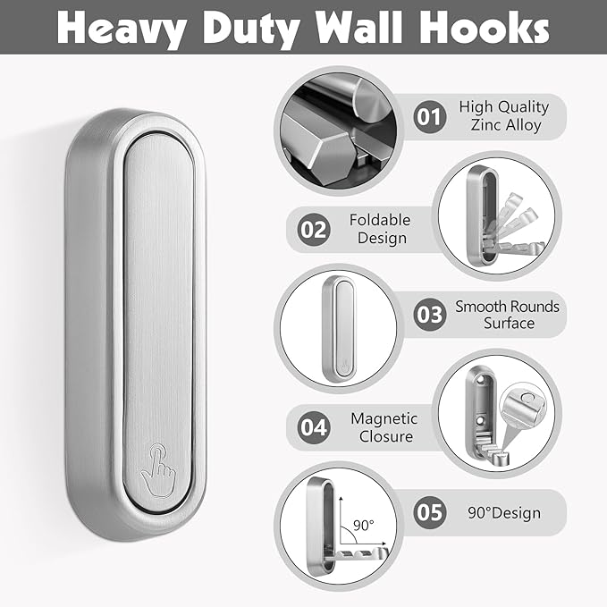 Dntorx Foldable Wall Hook, 40 lbs Heavy Duty Screw Mounted, Aluminum Alloy Flip-Down Silver Coat Hook, Space-Saving Folding Wall Hanger for Bathroom Bedroom Entryway Closet, Includes Screws (2 Pack)