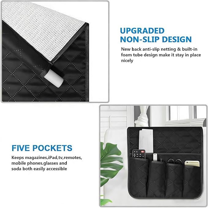 Armchair Caddy for Recliner, Couch Caddy Storage Organizer with 5 Pockets, Non Slip Sofa Arm Organizer for Remote Controls, Phone, Magazines, Tablet (Black)