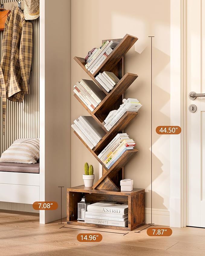 Evermagin 6 Tier Tree Bookshelf with Lights, LED Book Tree Bookcase with Storage Organizer, Small Corner Bookshelf Floor Standing Book Shelf for Living Room, Bedroom & Home Office, Rustic Brown