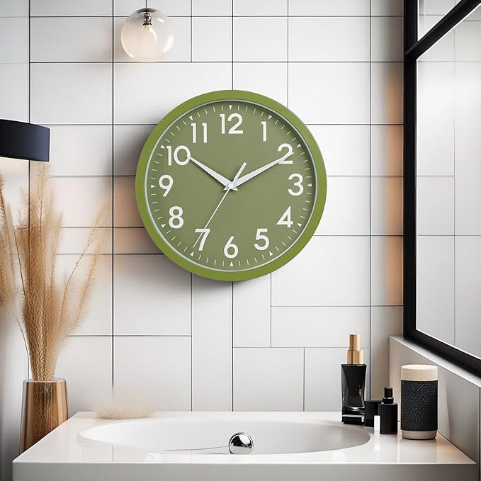 DAXSMY Wall Clock Analog 10 Inch Simple Silent Non Ticking Battery Operated Modern Decorative for Kitchen Office Bedroom Bathroom Living Room(Olive Green)